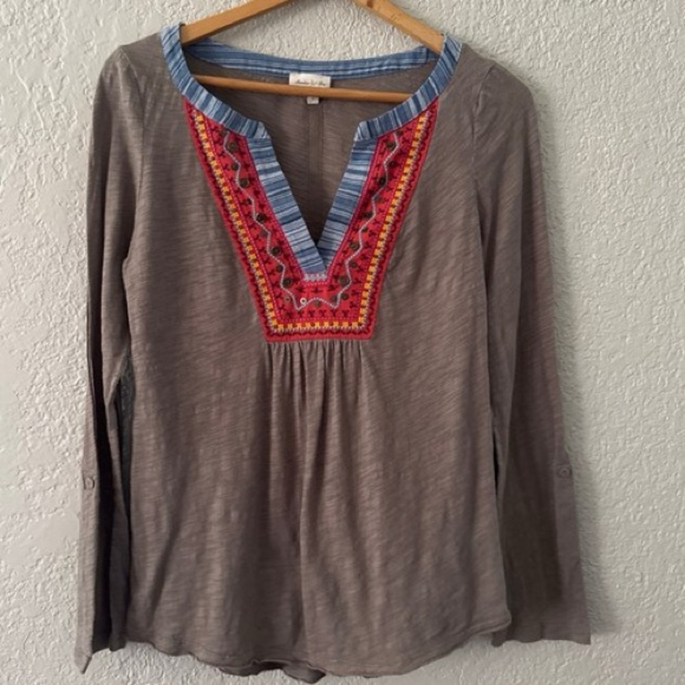 Anthropologie Meadow Rue Embroidered Boho Tunic Top Brown Red Blue Medium - Picture 2 of 13